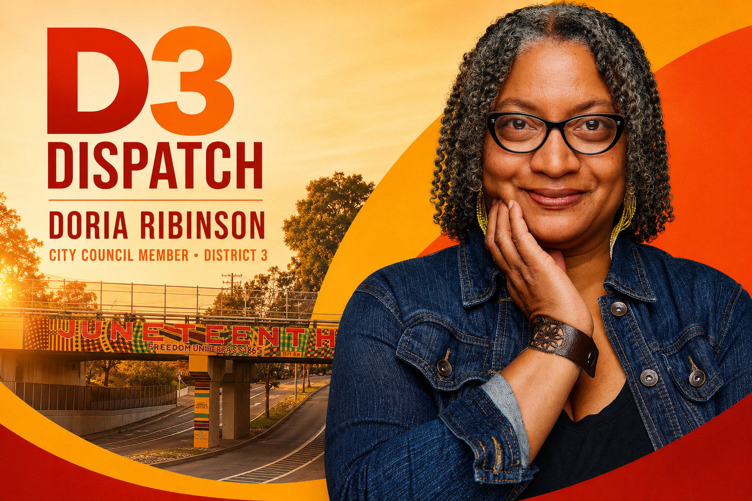 D3 Dispatch banner featuring Doria Robinson, City Council Member for District 3, on an orange and yellow background with a Juneteenth-themed overpass.