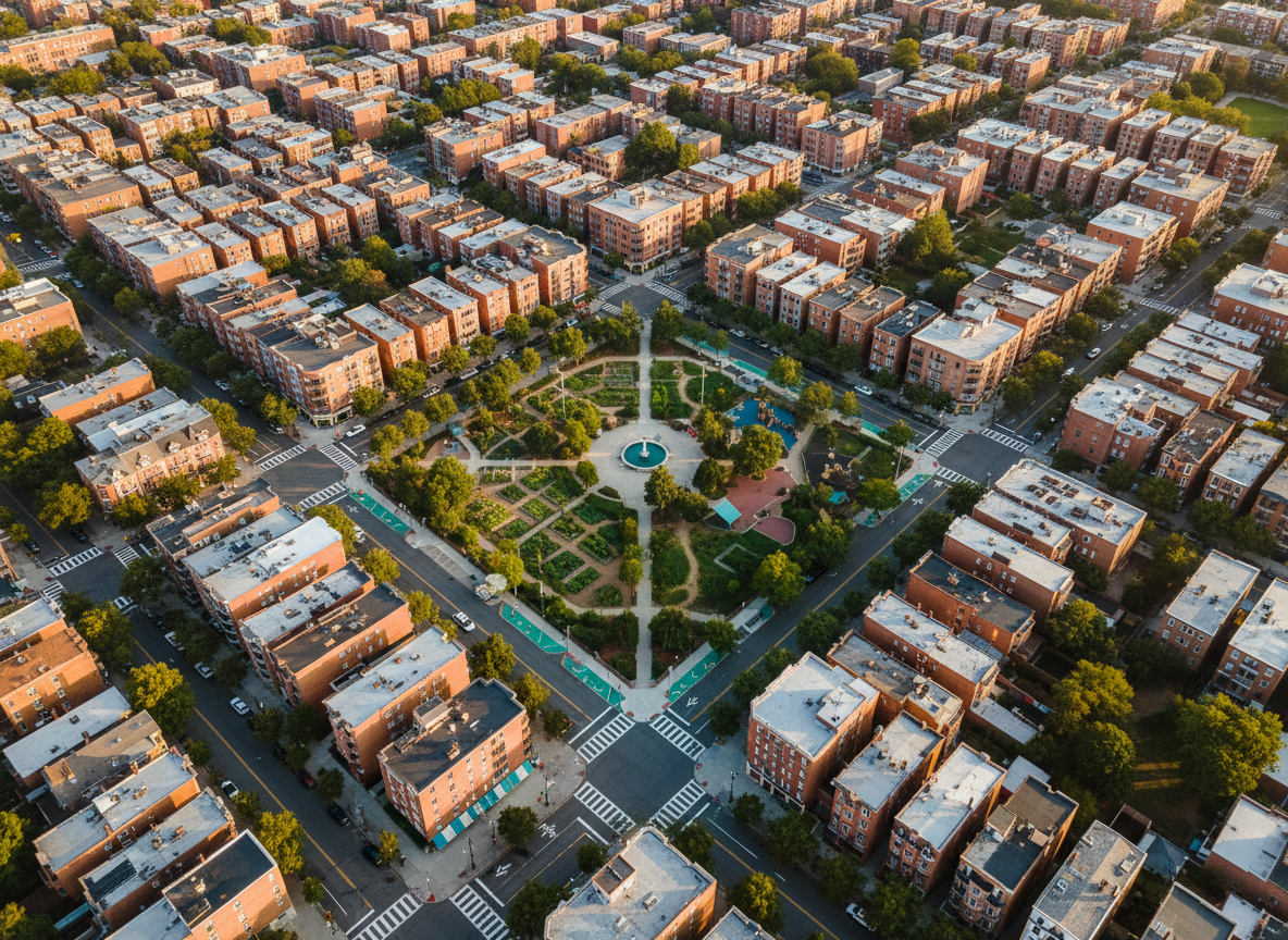 An aerial photographic view of a diverse urban District 3 neighborhood at golden hour, showing a grid of tree-lined residential streets, small commercial corridors, and a visible city park with a community garden. Sunlight casts long, warm shadows from buildings and trees, creating depth and structure. Painted crosswalks, bike lanes, and bus stops highlight city planning efforts. The composition uses a wide, cinematic frame with sharp detail across rooftops, streets, and green spaces. The mood is hopeful and forward-looking, suggesting active local governance and equitable investment in public spaces, captured in realistic, high-resolution detail with no cars or people dominating the scene.