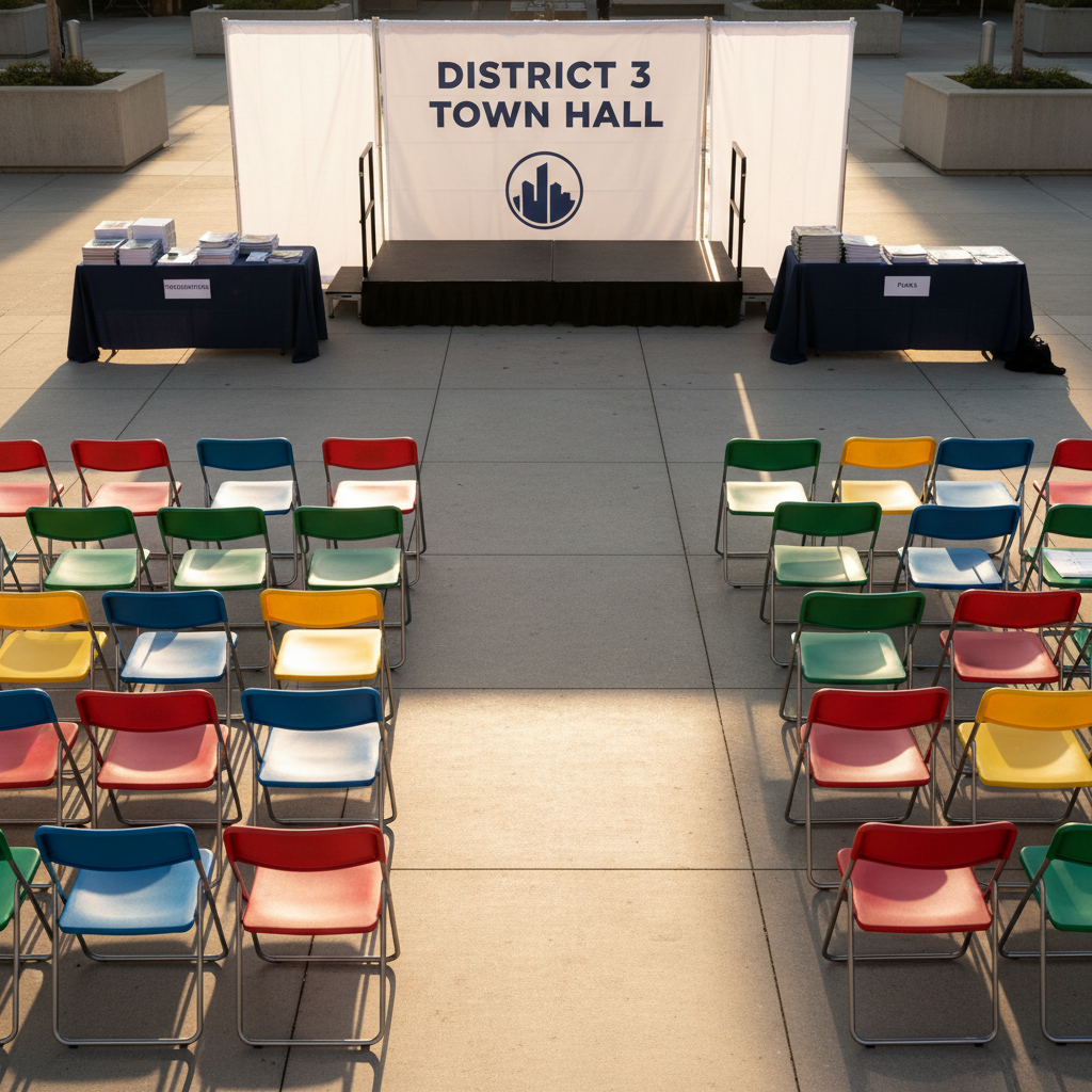 A vibrant District 3 neighborhood event setup in an outdoor plaza, captured without people. Colorful folding chairs are neatly arranged in rows facing a temporary stage with a simple backdrop bearing the words “District 3 Town Hall” and a minimal city logo. Nearby, informational tables are covered with navy-blue cloths, stacked with printed newsletters, policy briefing booklets, and small table signs for topics like “Transportation,” “Housing,” and “Parks.” Late afternoon sunlight creates warm highlights on the metal chair frames and soft shadows on the concrete plaza. Photographic realism, wide-angle composition at eye level, with the stage centered and informational tables along the sides, conveying civic engagement, readiness, and a welcoming, professional tone.