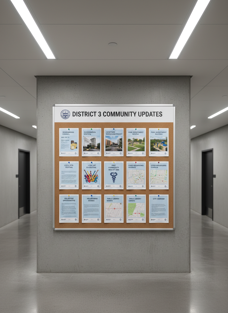 A clean bulletin board dedicated to District 3 community updates, mounted on a smooth concrete wall in a city hallway. The board is filled with neatly pinned flyers for neighborhood meetings, city infrastructure projects, park improvements, and local events, each in organized rows with consistent typography and city logos. Colored pushpins add subtle vibrancy against the neutral cork texture. Overhead fluorescent lights cast soft, even illumination, creating clear legibility and minimal shadows. Photographic realism, captured straight-on with a balanced, symmetrical composition and sharp focus throughout. The atmosphere feels organized, informative, and accessible, emphasizing structured communication from a city council office with no human subjects visible.