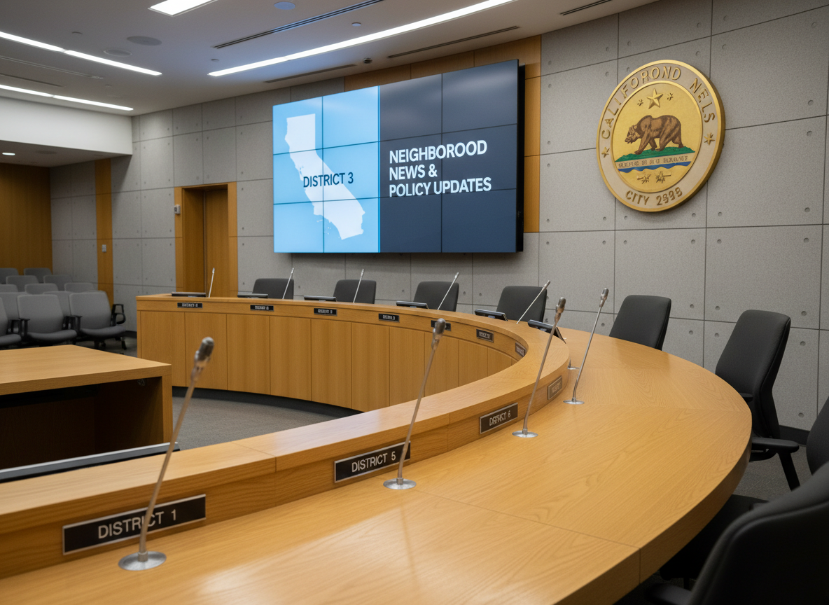 A polished oak city council dais in a modern council chamber, with neatly arranged nameplates labeled by district number, a slim silver microphone at each seat, and a large digital screen in the background displaying a simple District 3 map and the words “Neighborhood News & Policy Updates.” The chamber features clean architectural lines, light gray acoustic panels, and a California city seal mounted on the wall. Soft, even overhead lighting creates a professional, neutral atmosphere with gentle reflections on the wood surface. Photographic realism, shot at eye level with a slight wide-angle view, keeping the dais in sharp focus while the public seating blurs into the background, conveying transparency, order, and civic readiness without any people present.