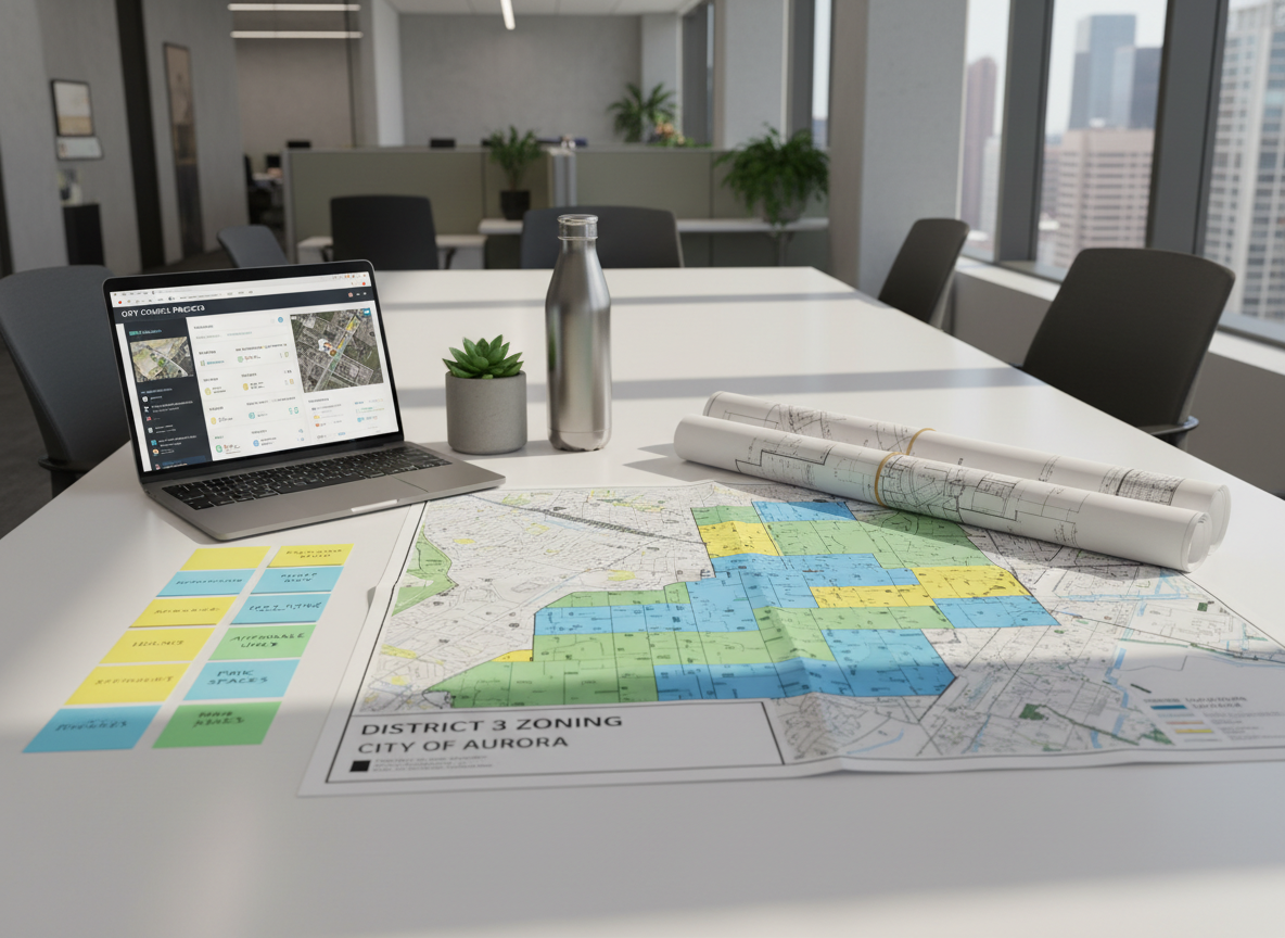A detailed project-planning workspace on a large, smooth white conference table inside a city office, featuring a folded District 3 zoning map, rolled-up blueprints, a slim silver laptop showing a city dashboard, and color-coded sticky notes aligned in tidy rows. A small potted plant in a concrete planter adds a touch of green beside a stainless-steel water bottle. Soft daylight filters through large unseen windows, creating gentle, directional light and subtle shadows across the documents. Photographic realism, shot from a slightly elevated angle, with the map and blueprints in crisp focus and the office background softly blurred. The atmosphere is professional, organized, and policy-focused, emphasizing careful planning and transparency in council projects.
